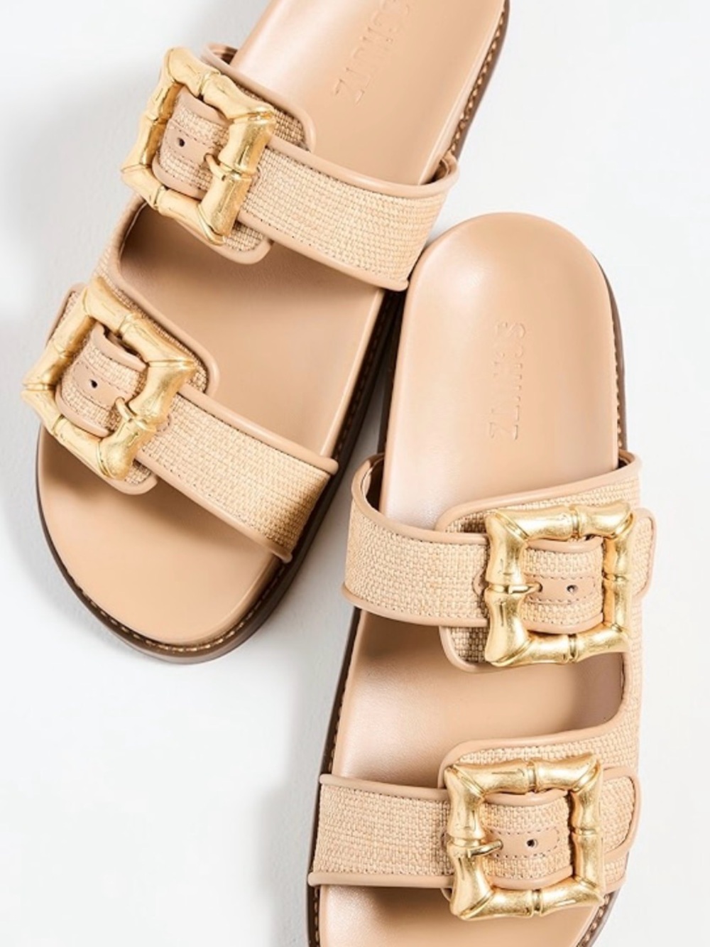 SCHUTZ Enola Tan Woven Double-Strap Slide Sandals with Gold Accents